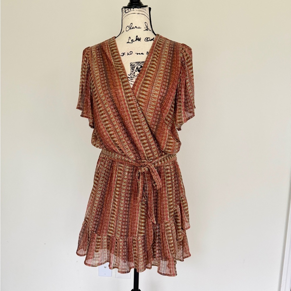 Ramy Brook Chelsea Mini Dress Belted Brown/Green Metallic Ruffle Hem Fairy Core - Picture 5 of 16